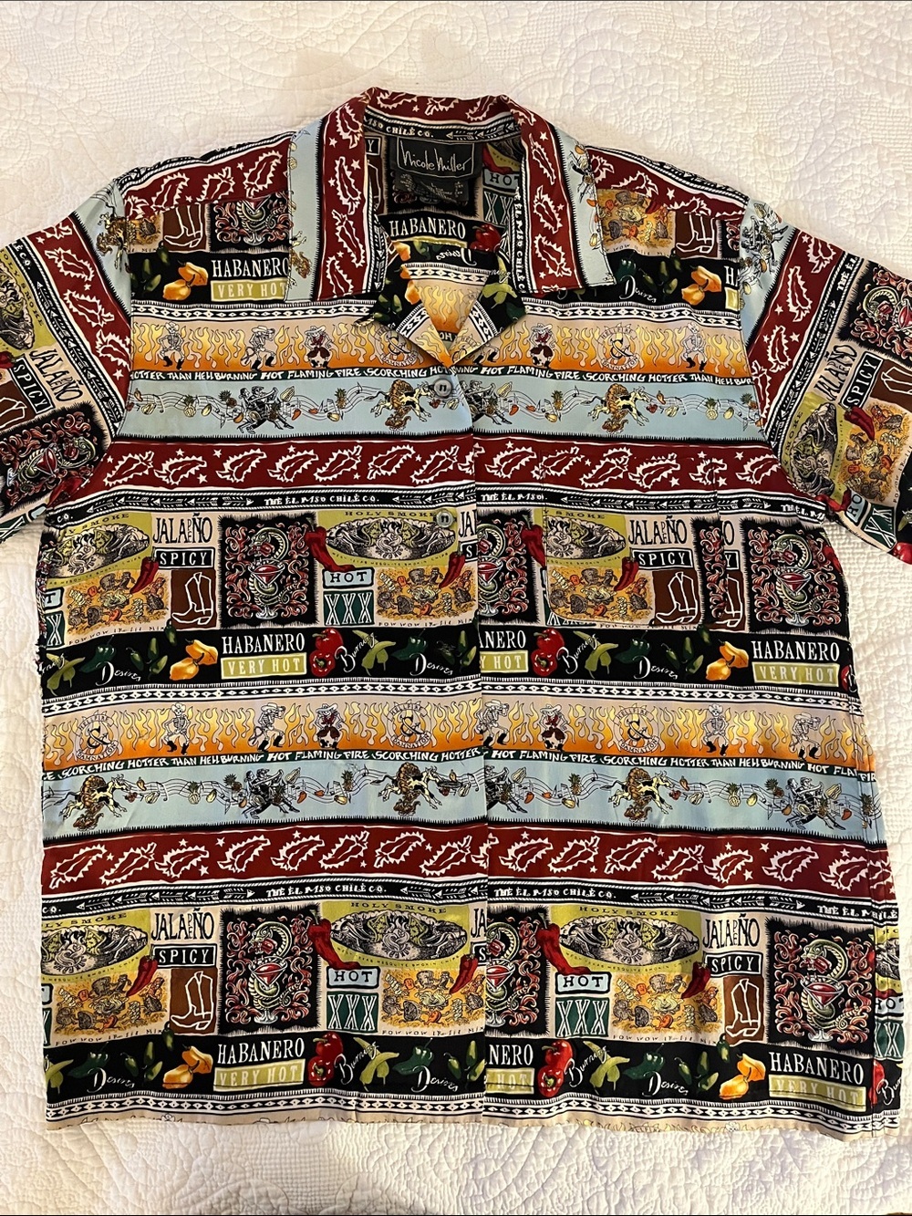 Vintage 1995 Nicole Miller 100% Silk Chili Pepper Western Novelty Shirt L Unisex